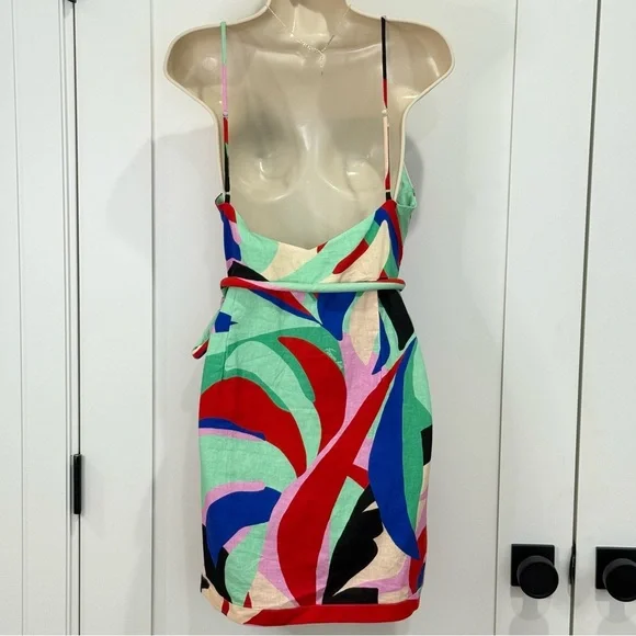 NWT Farm Rio Colorful Monstera Mini Dress Small Wrap Linen Boho Vacay Beach Gift - Picture 6 of 16